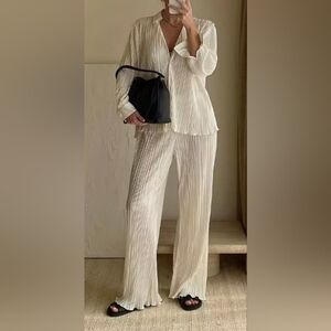 Showpo Beca Plisse Button Up Shirt And Pant Set Cream Size 0